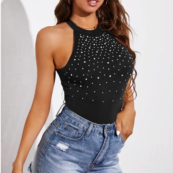Black Rhinestone Slim Fit Halter Bodysuit - Picture 4 of 7